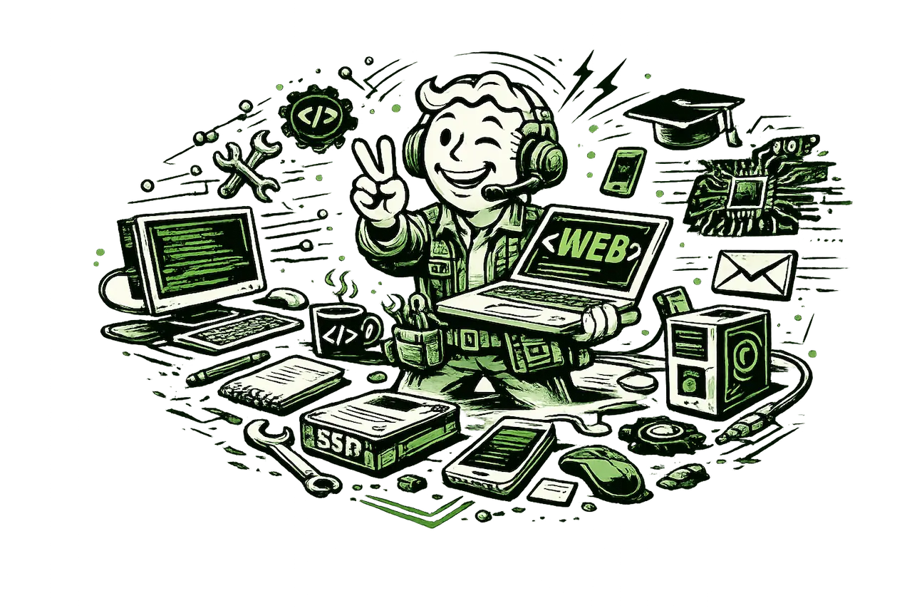 KroGen maskot - Vault Boy developer sa laptopom, SSD-om i alatima